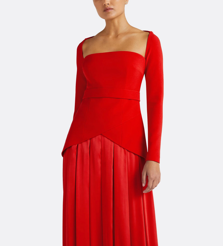 long-sleeve satin gown with structured bodice – CRIMSON-1