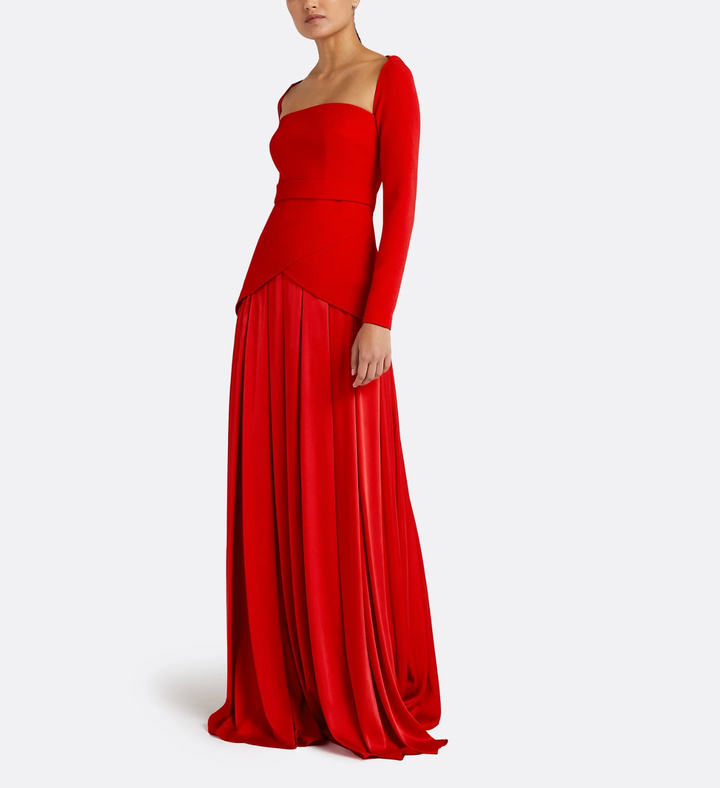 long-sleeve satin gown with structured bodice – CRIMSON-1