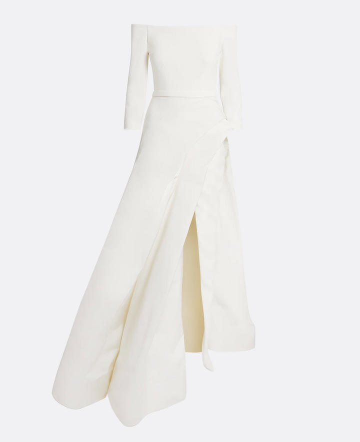 off-shoulder gown with draped slit skirt – ODD- ALYAAH