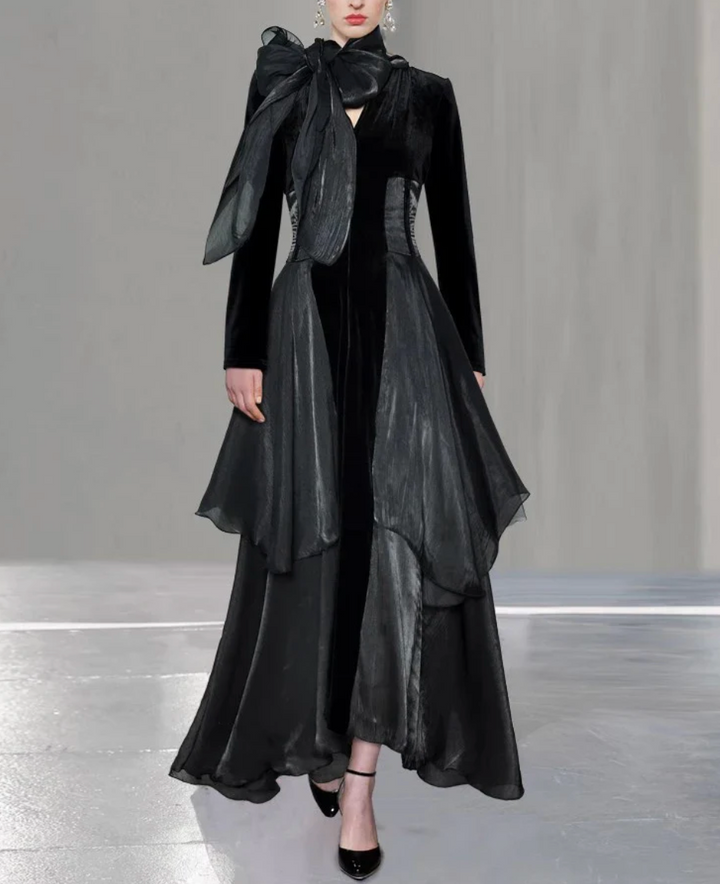 layered velvet chiffon gown with bow neck – NOIR ÉCLAT
