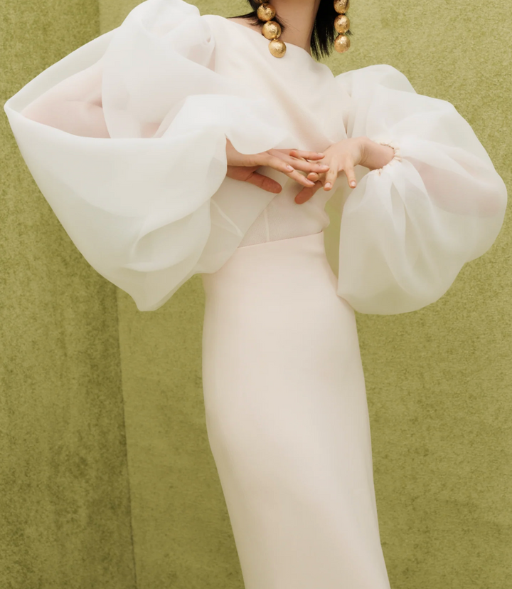 sheer balloon-sleeve fitted column gown – ODD- NOIRA
