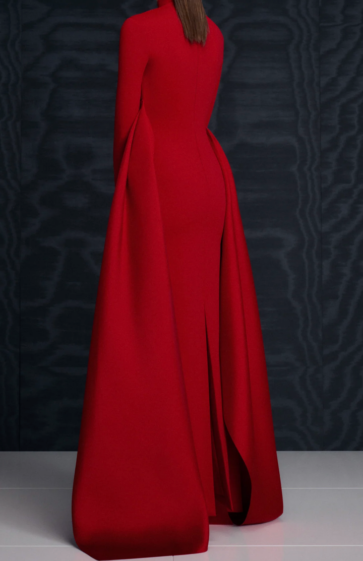 high-neck gown with sculpted satin waist drape – ODD- OLIVEH