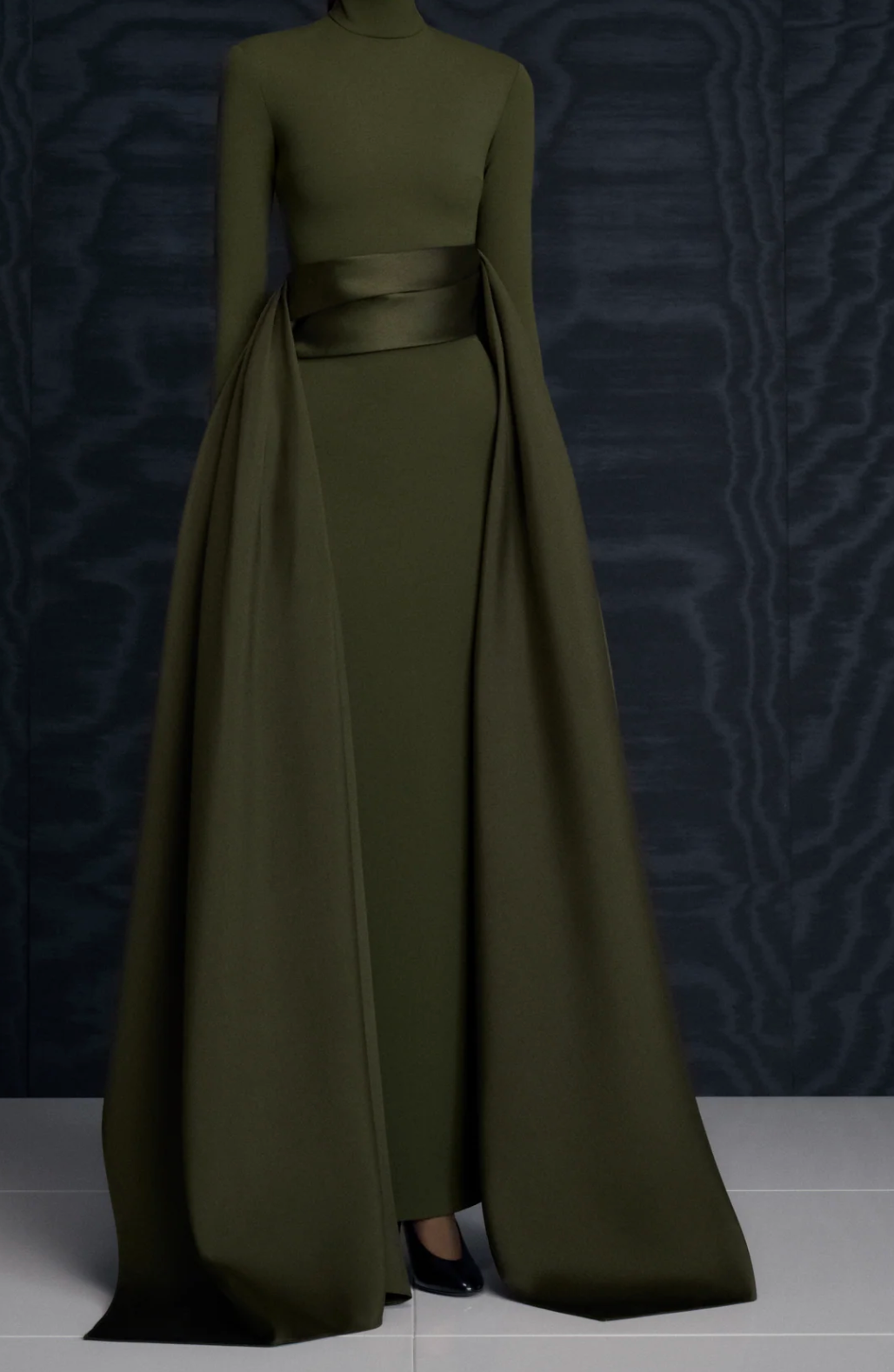 high-neck gown with sculpted satin waist drape – ODD- OLIVEH