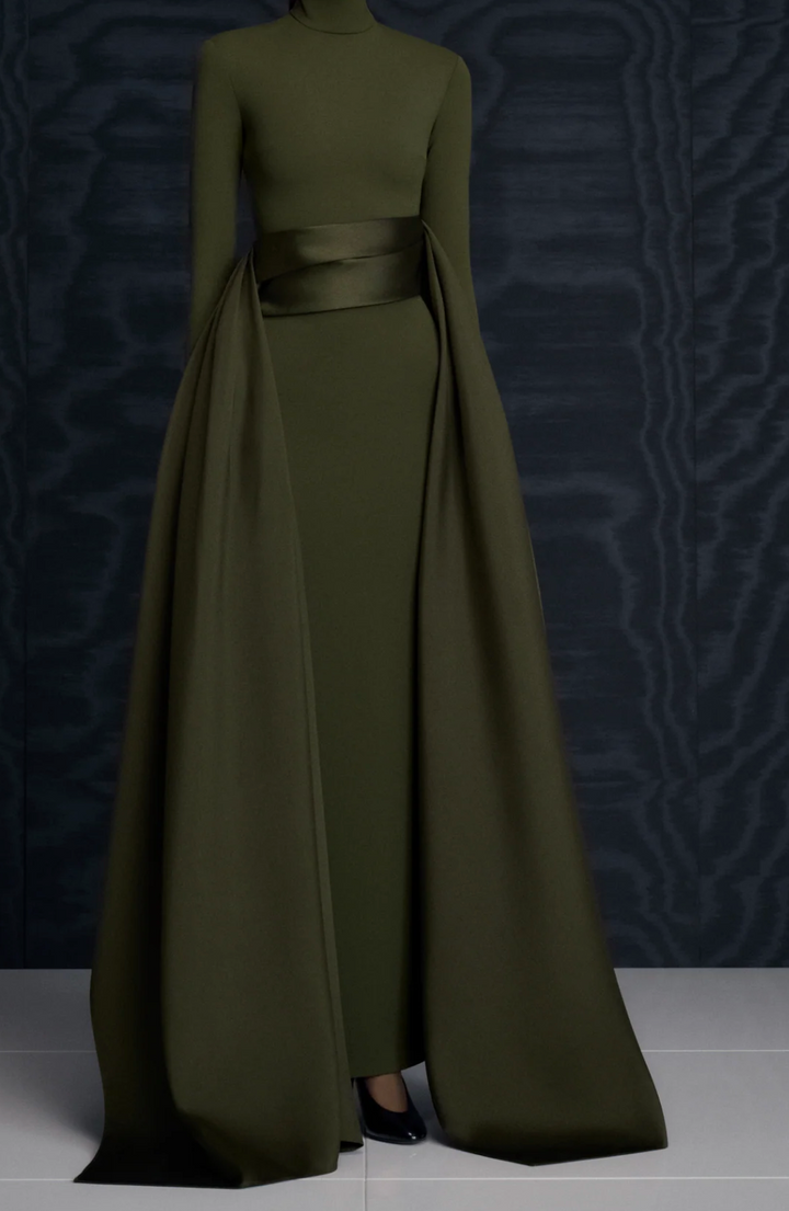high-neck gown with sculpted satin waist drape – ODD- OLIVEH