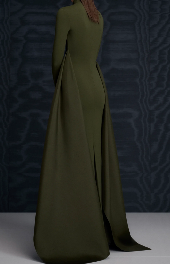high-neck gown with sculpted satin waist drape – ODD- OLIVEH