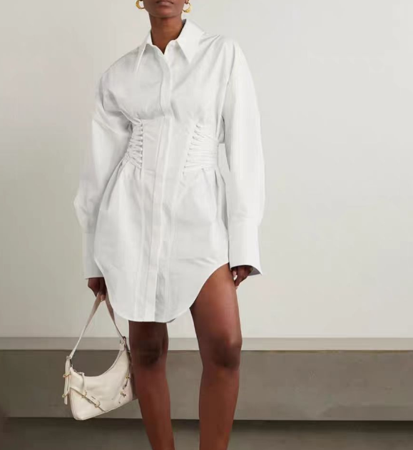 Corset-waist shirt dress with curved hem – BLANC