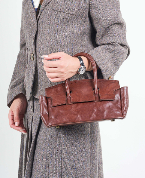 soft leather mini carryall with structured flap detail – CAMELIA