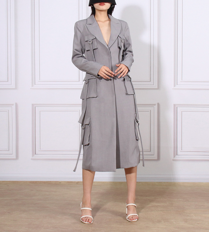 tailored long utility blazer dress with strap details – ODD- GRAYSON