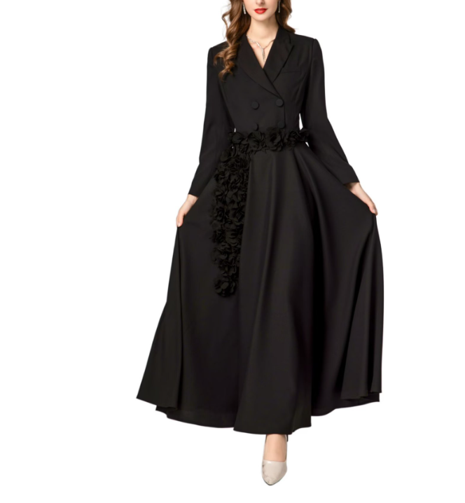 tailored double-breasted maxi dress with floral waist appliqué – ODD- ROSE