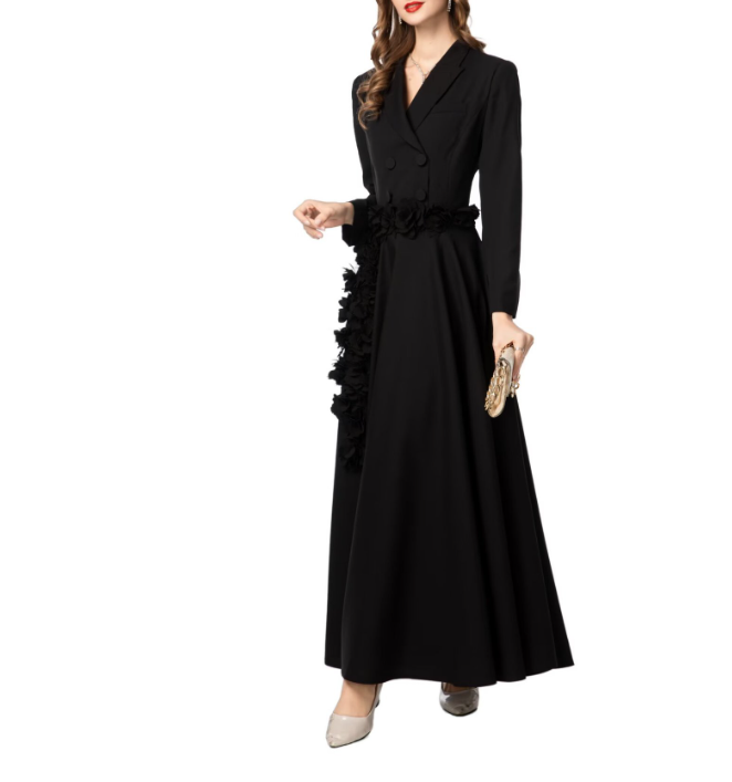 tailored double-breasted maxi dress with floral waist appliqué – ROSE