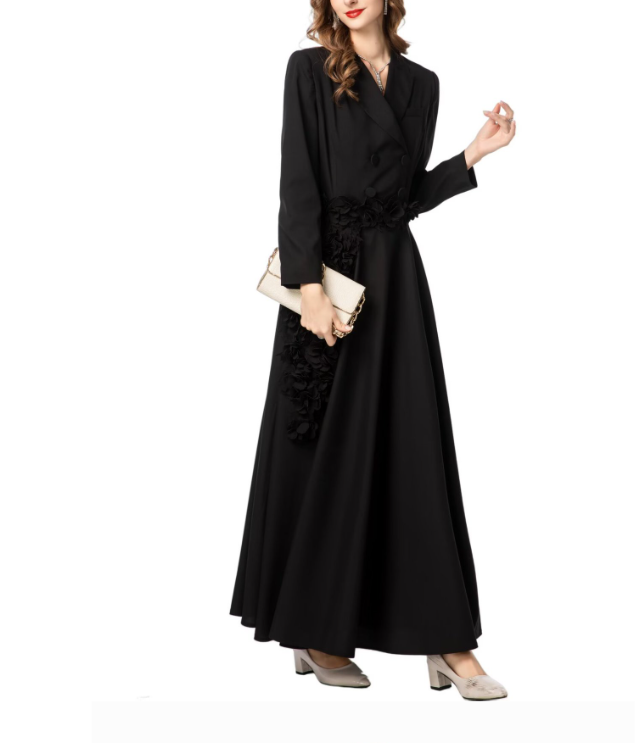 tailored double-breasted maxi dress with floral waist appliqué – ODD- ROSE
