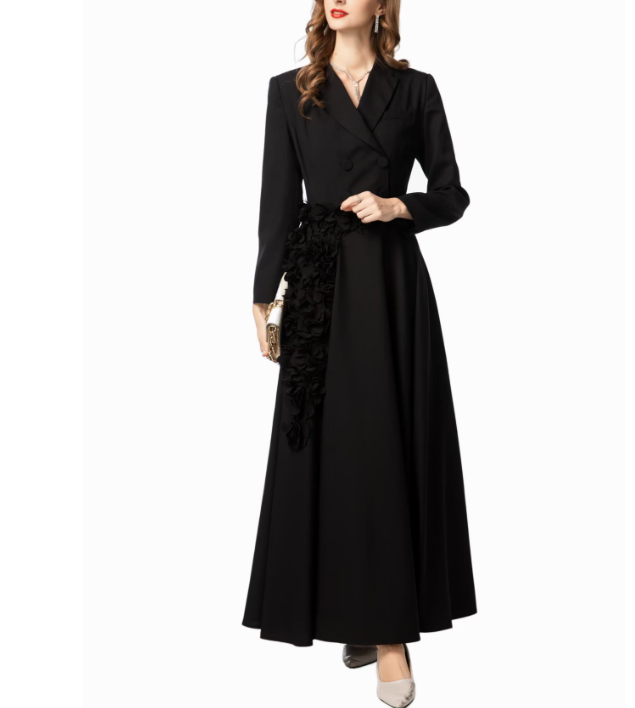 tailored double-breasted maxi dress with floral waist appliqué – ODD- ROSE
