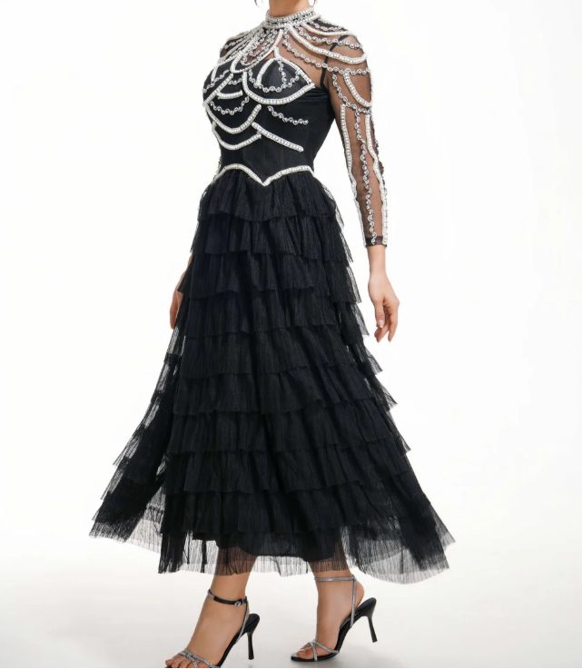 embellished high-neck tulle maxi dress with tiered skirt – SERAPHINA