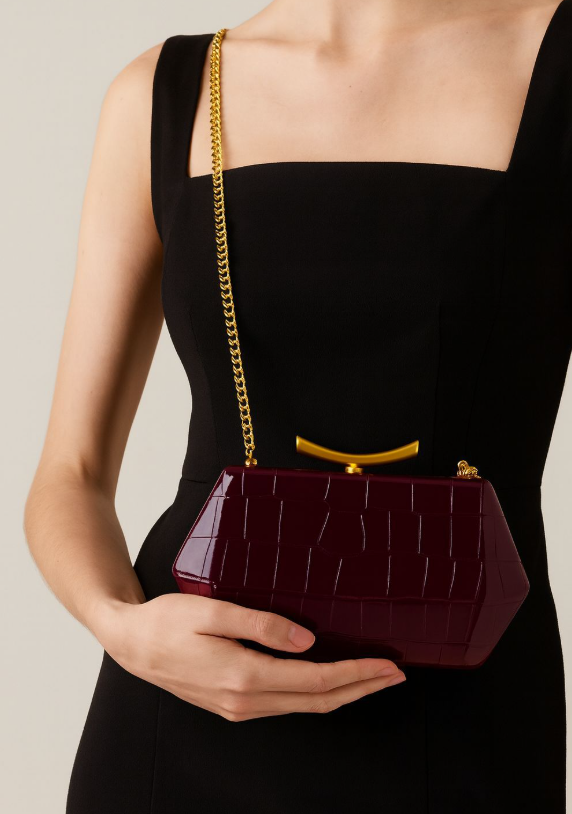 croco-embossed hard-case clutch with gold clasp – BORDEAUX