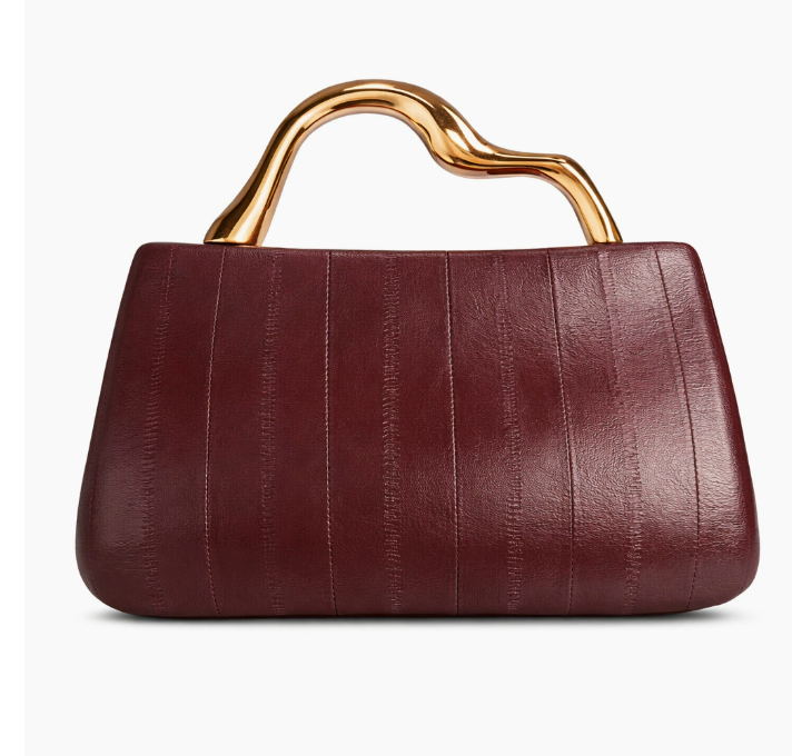 structured leather-effect clutch with sculpted gold handle – VELORA