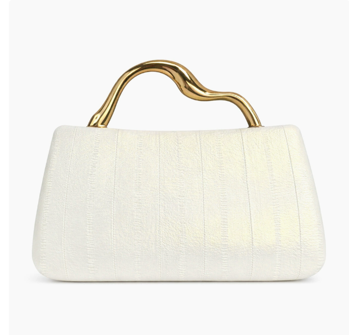 structured leather-effect clutch with sculpted gold handle – VELORA