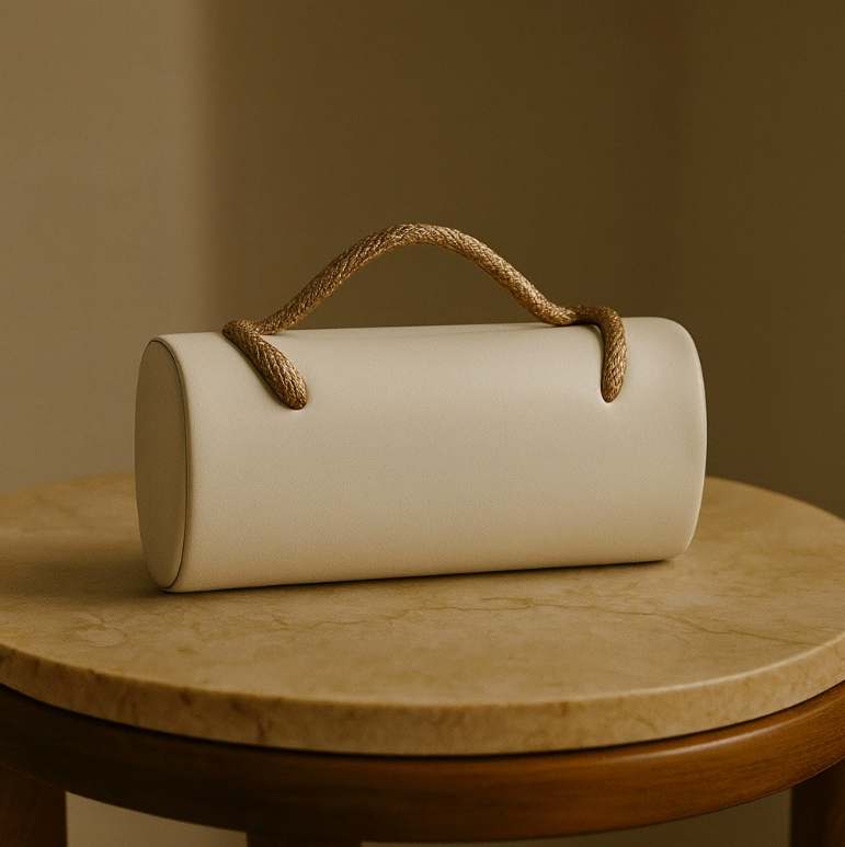 cylindrical leather-effect clutch with rope handle – VERDE