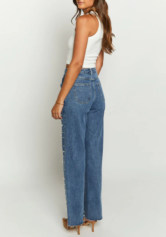 pearl-embellished straight-leg denim trousers – LUMI