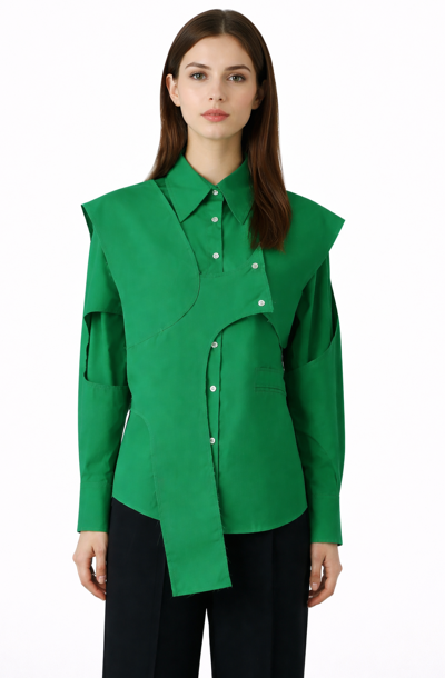 asymmetric layered cotton shirt with raw-edge panel – EMERALD