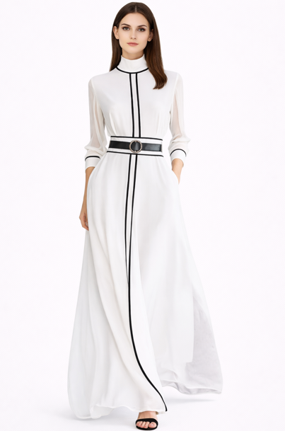 high-neck maxi dress with contrast piping and belt – PLORA