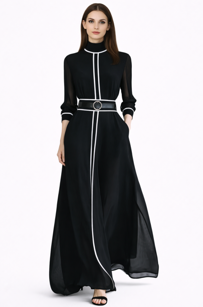 high-neck maxi dress with contrast piping and belt – PLORA