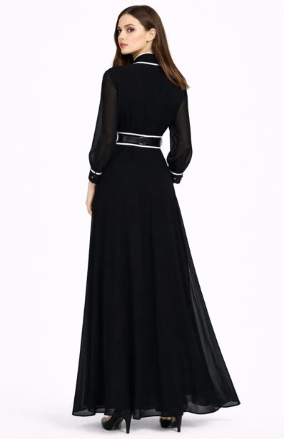 high-neck maxi dress with contrast piping and belt – PLORA