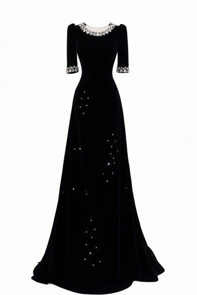 short-sleeve velvet evening gown with pearl neckline – KIARA