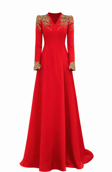 long-sleeve A-line gown with gold embroidered shoulders – RUBY