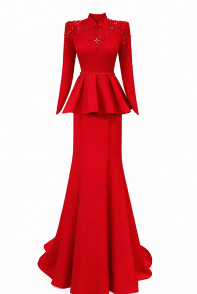 long-sleeve peplum evening gown with embellished bodice – SCARLET