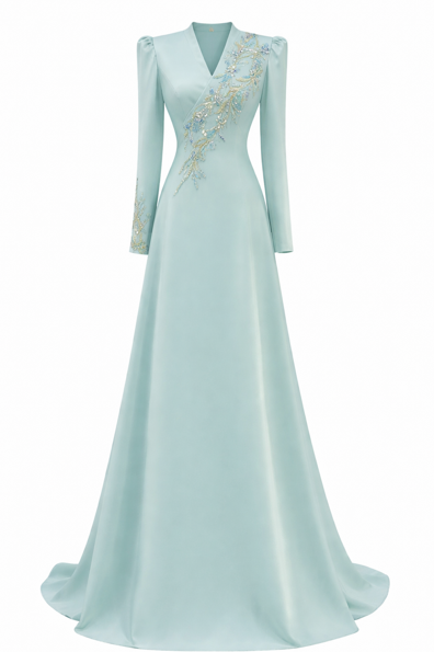 long-sleeve V-neck evening gown with embroidered sash – MINTA
