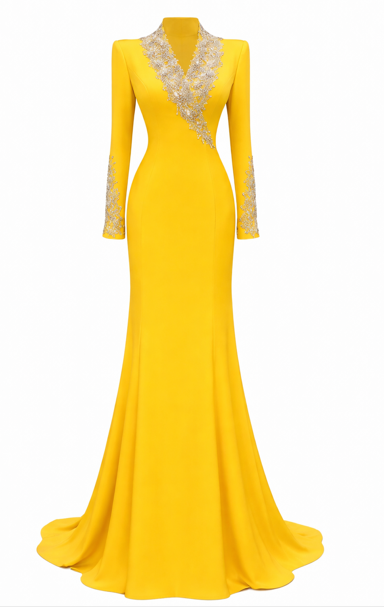 long-sleeve column evening gown with embellished neckline – AURELIA