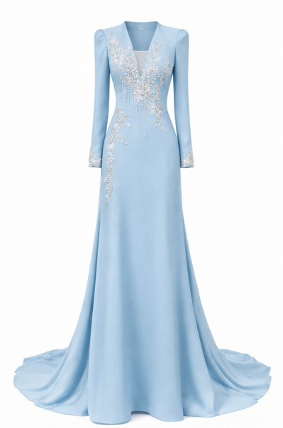 long-sleeve V-neck evening gown with crystal embroidery – SKYRA