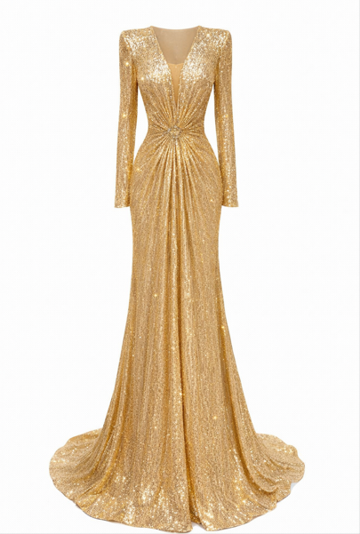 long-sleeve sequin evening gown with draped waist – GOLDEN