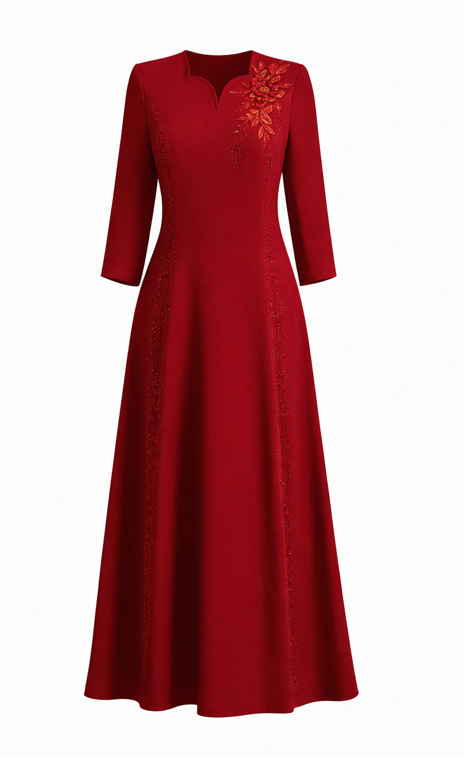 midi A-line dress with embroidered chest detail – CRIMSON