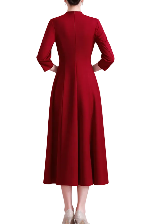 midi A-line dress with embroidered chest detail – CRIMSON