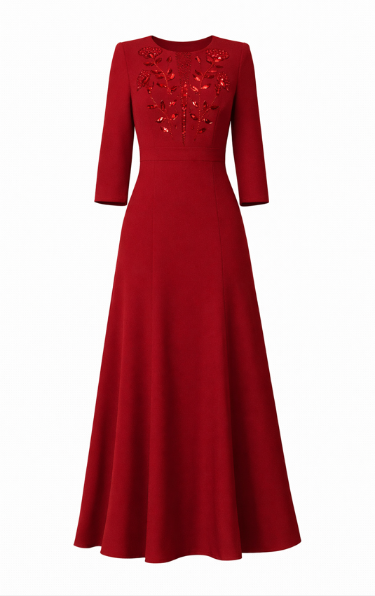 three-quarter sleeve midi evening dress with embellished bodice – BORDEAUX