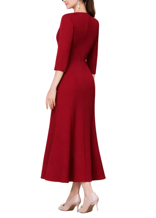 three-quarter sleeve midi evening dress with embellished bodice – BORDEAUX