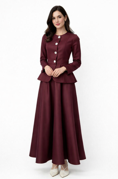tailored peplum jacket with button detail and flowy maxi skirt – VELORA