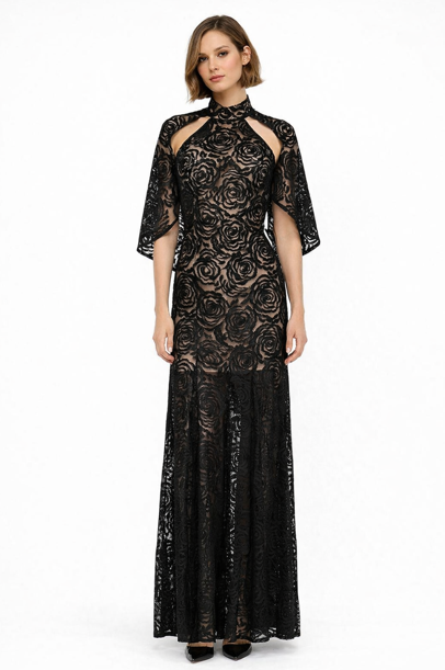 high-neck lace gown with cape sleeves – OXIERA