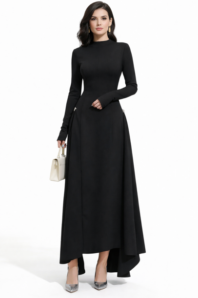 long-sleeve asymmetrical gown with draped back panel – EMERALDA