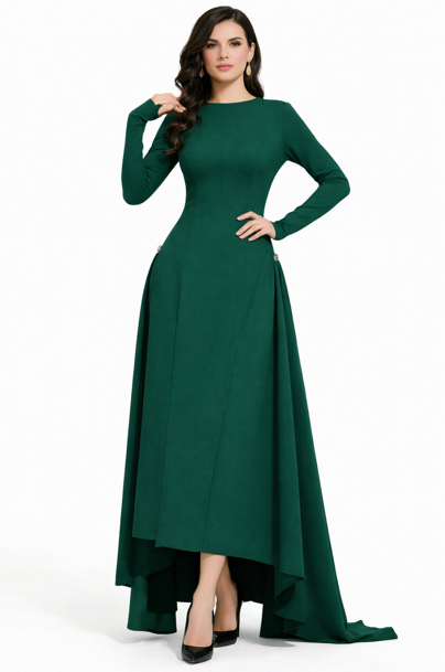 long-sleeve asymmetrical gown with draped back panel – EMERALDA