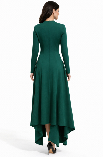 long-sleeve asymmetrical gown with draped back panel – EMERALDA