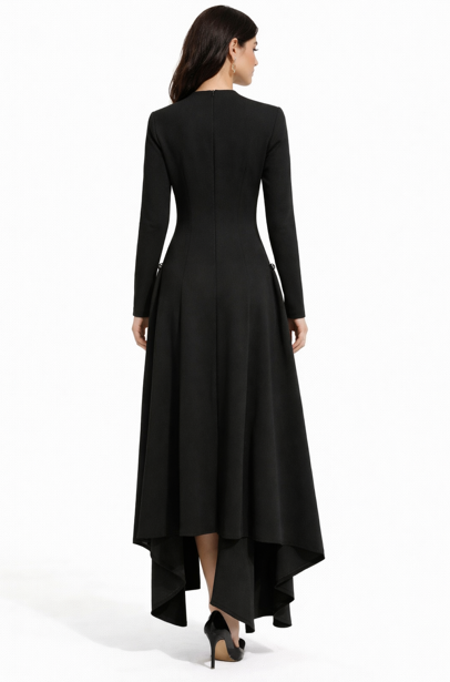 long-sleeve asymmetrical gown with draped back panel – EMERALDA