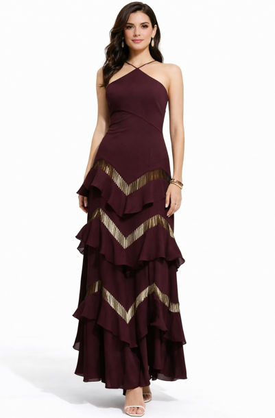 halter-neck maxi dress with layered ruffles and metallic trim – BORDÉAUX