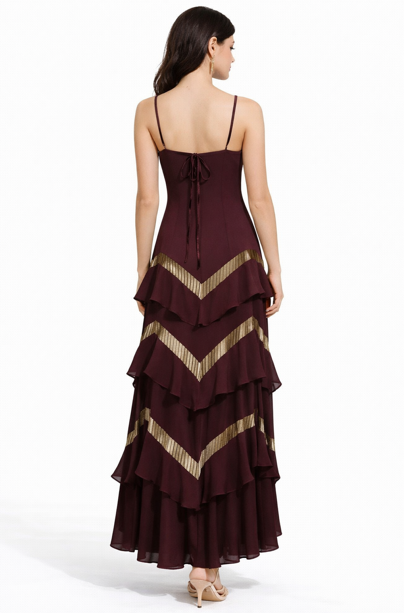 halter-neck maxi dress with layered ruffles and metallic trim – BORDÉAUX