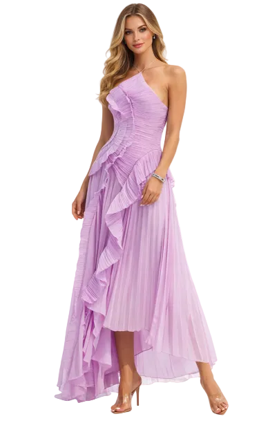 pleated halter-neck chiffon dress with cascading ruffle hem – BREEZE