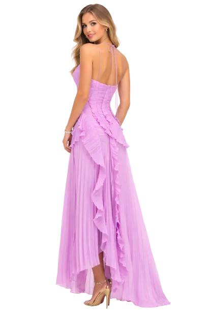 pleated halter-neck chiffon dress with cascading ruffle hem – BREEZE