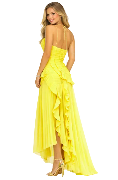 pleated halter-neck chiffon dress with cascading ruffle hem – BREEZE