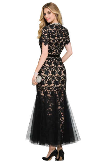 black lace evening dress with crystal neckline and belted waist – ÉCLAT