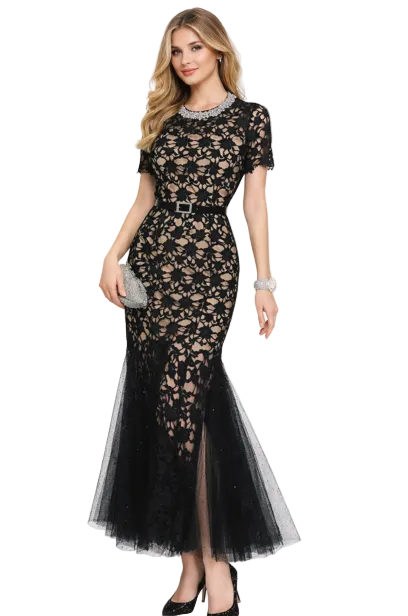 black lace evening dress with crystal neckline and belted waist – ÉCLAT